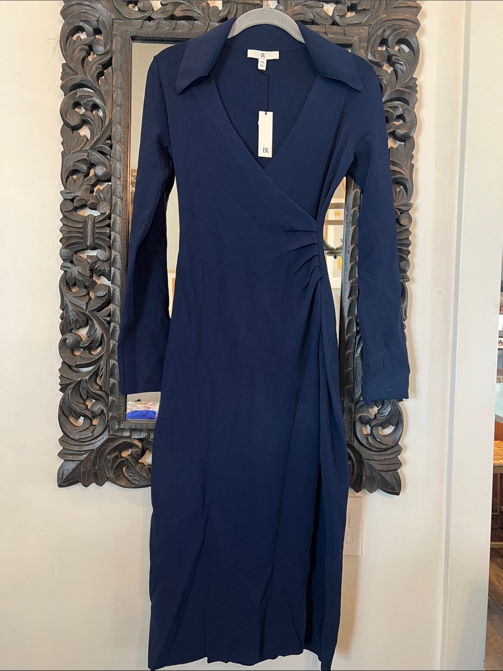 NWT Banana Republic Knit Navy Wrap Midi Dress with Collar & Ruched Waist